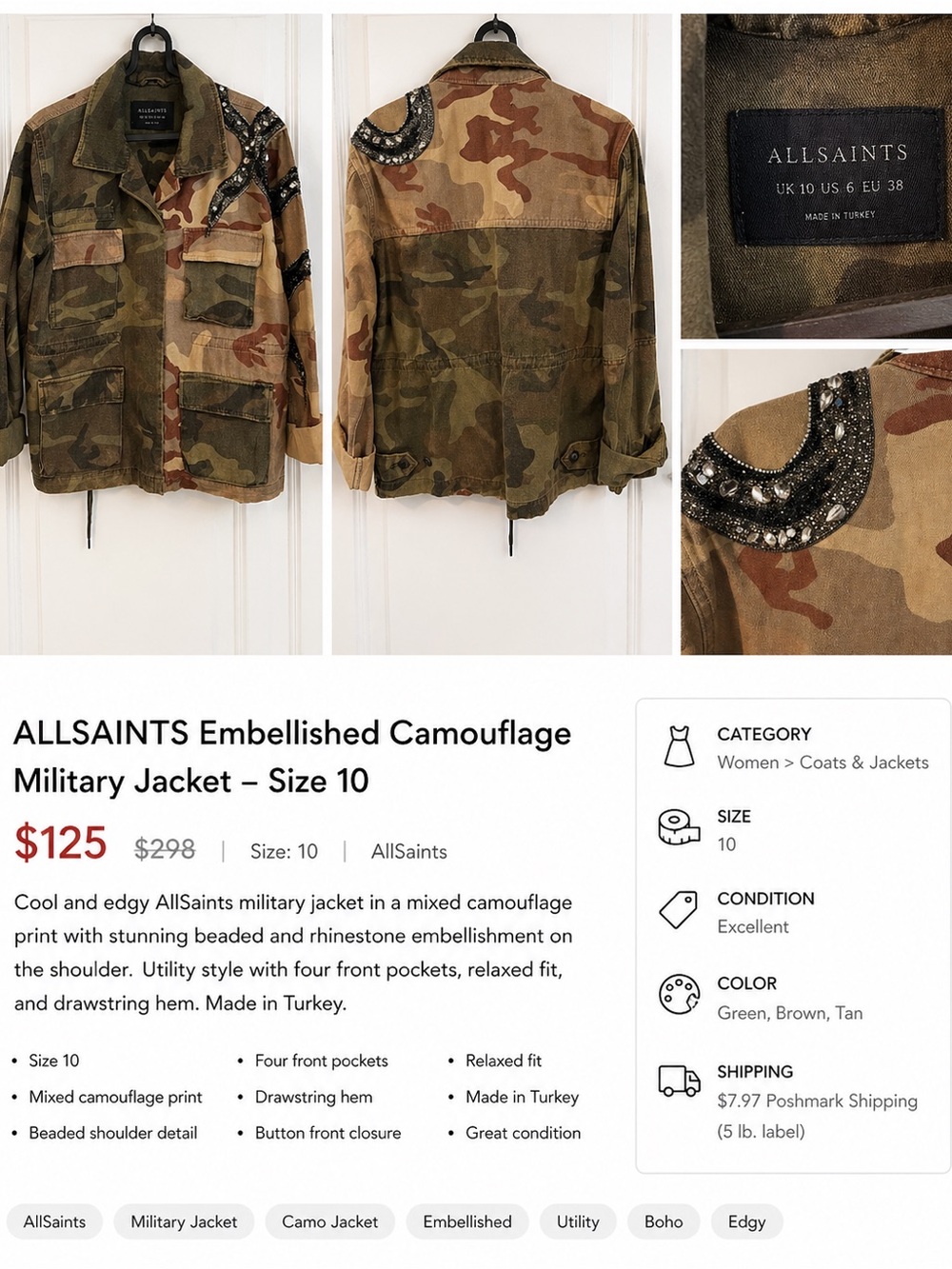 AllSaints Embellished Camouflage Military Jacket - Green, Brown, Tan